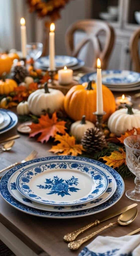 A dining table set with blue and white plates, gold cutlery, autumn decorations, pumpkins, leaves, pinecones, and lit candles.