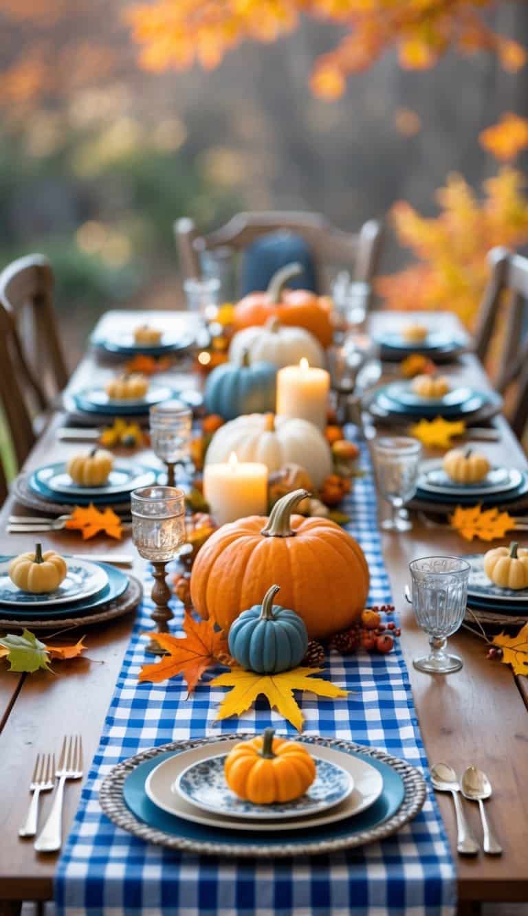 A Thanksgiving table set with a blue and white checkered table runner, decorated with pumpkins, fall leaves, candles, and dinnerware on a wooden table.