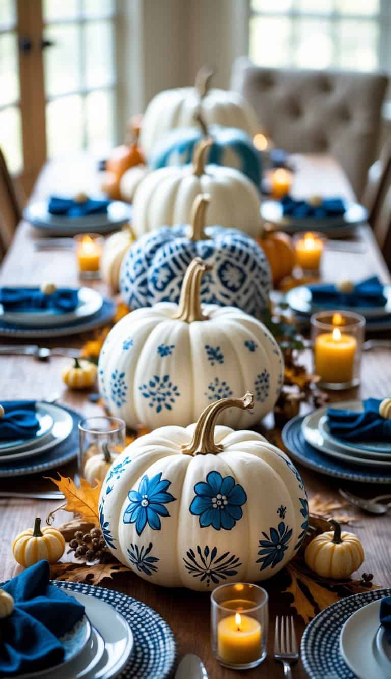 A Thanksgiving dining table decorated with white pumpkins painted with blue designs, surrounded by blue and white tableware and autumn decorations.