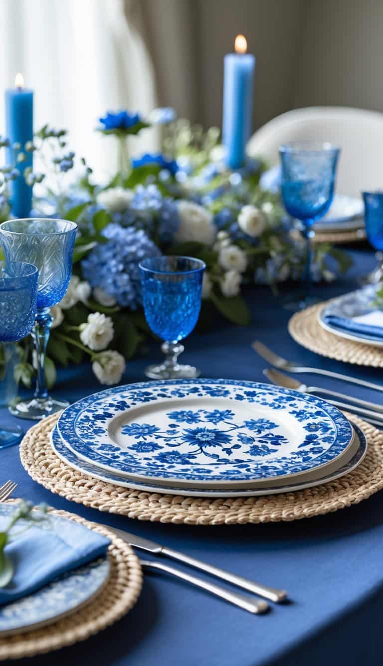A dining table set with blue and white floral printed chargers, blue napkins, glassware, and floral centerpieces.
