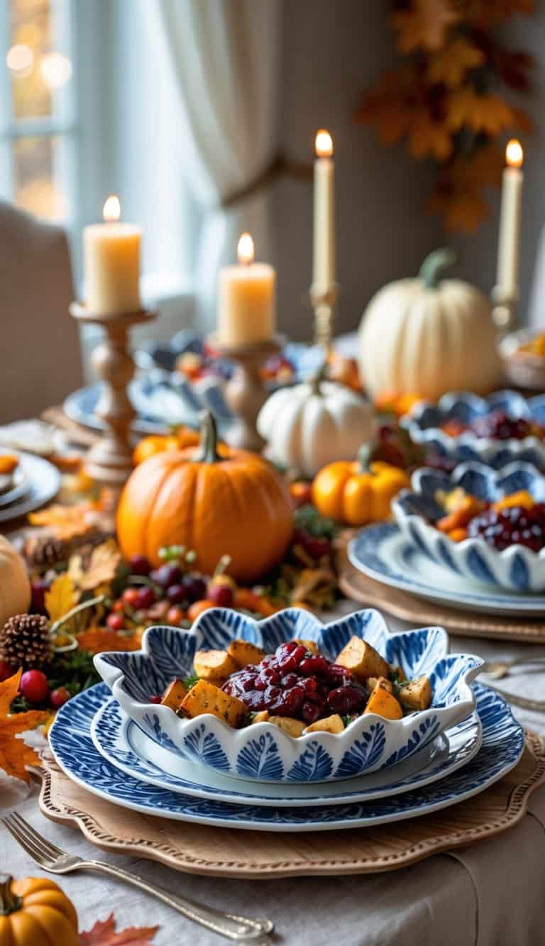 A Thanksgiving dining table set with blue and white leaf-shaped serving dishes filled with food, surrounded by autumn decorations and candles.