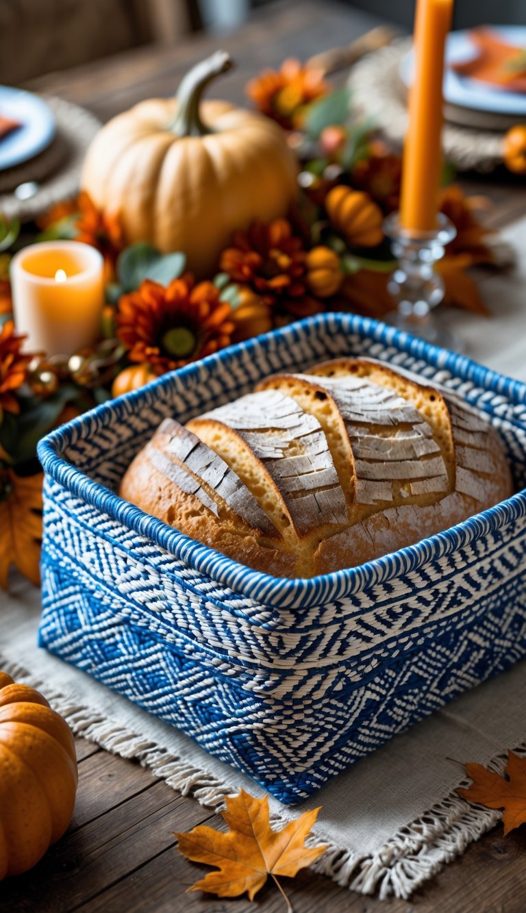 A blue and white woven basket filled with bread on a Thanksgiving table decorated with pumpkins, fall leaves, candles, and flowers.
