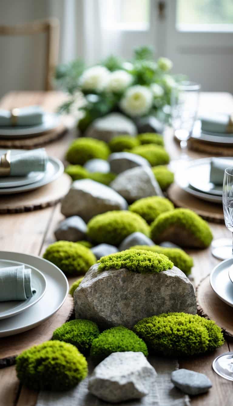 A table set with moss-covered rocks as natural decorations among plates, glasses, and greenery.
