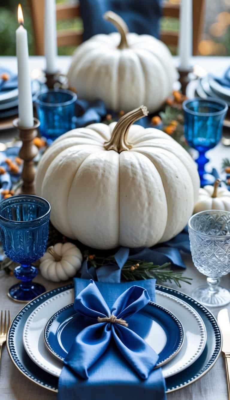 A Thanksgiving dining table decorated with white pumpkins tied with blue ribbons, blue and white tableware, candles, and greenery.
