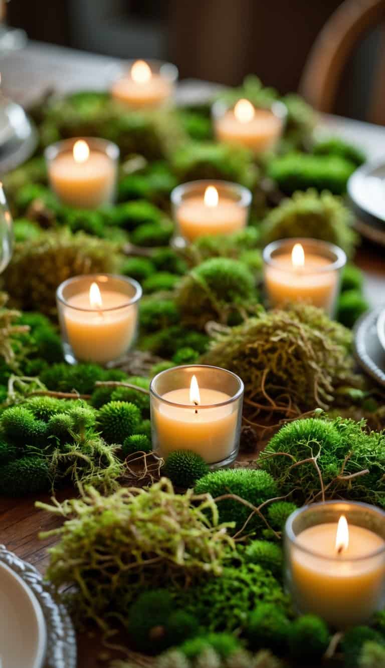 A table decorated with small lit votive candles surrounded by green moss scattered around them.
