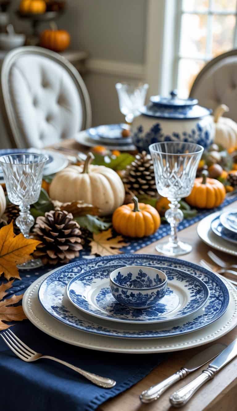 A Thanksgiving table set with blue and white patterned salad plates, autumn decorations, and dining utensils.