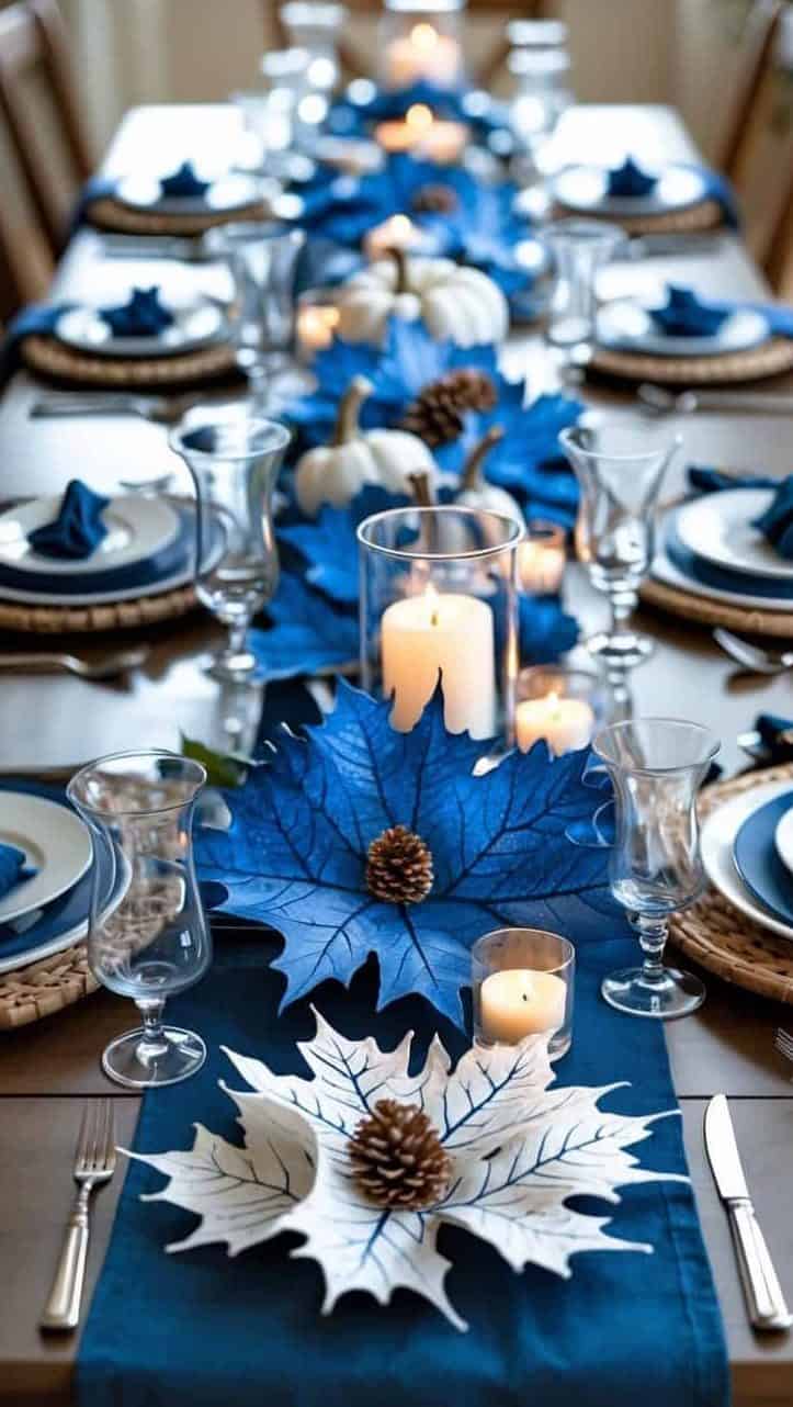 A table with blue and white decorations.
