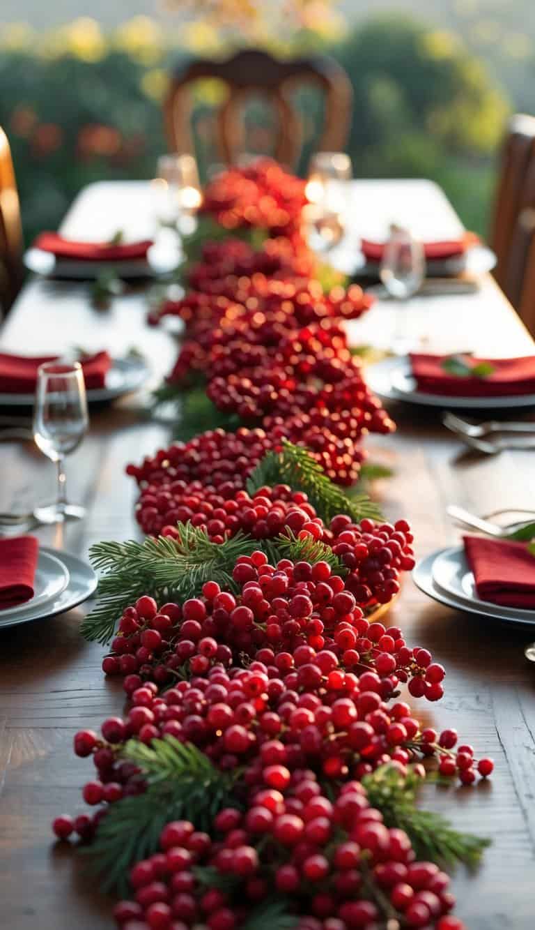 A dining table decorated with a red berry garland centerpiece and red table settings.