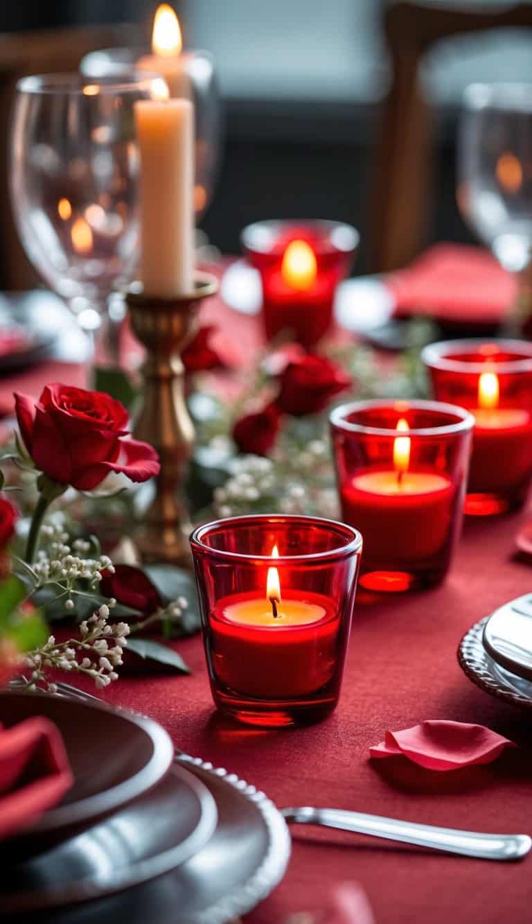 A table set with glowing red glass votive candles, red tablecloth, and decorative elements creating a warm and inviting atmosphere.
