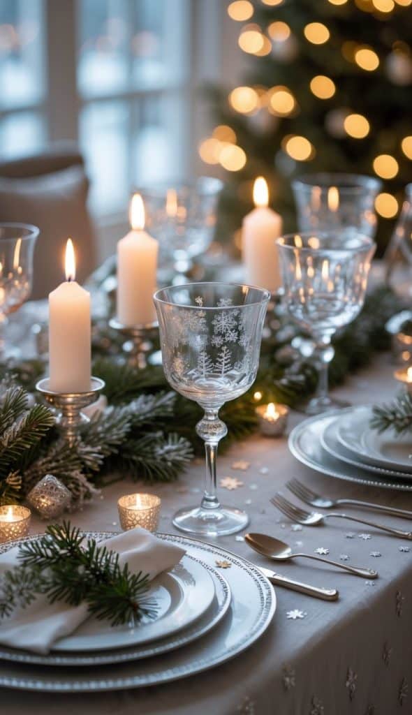 A festive dining table is set with white plates, silver cutlery, snowflake glasses, candles, and evergreen branches, with a lit Christmas tree in the background.