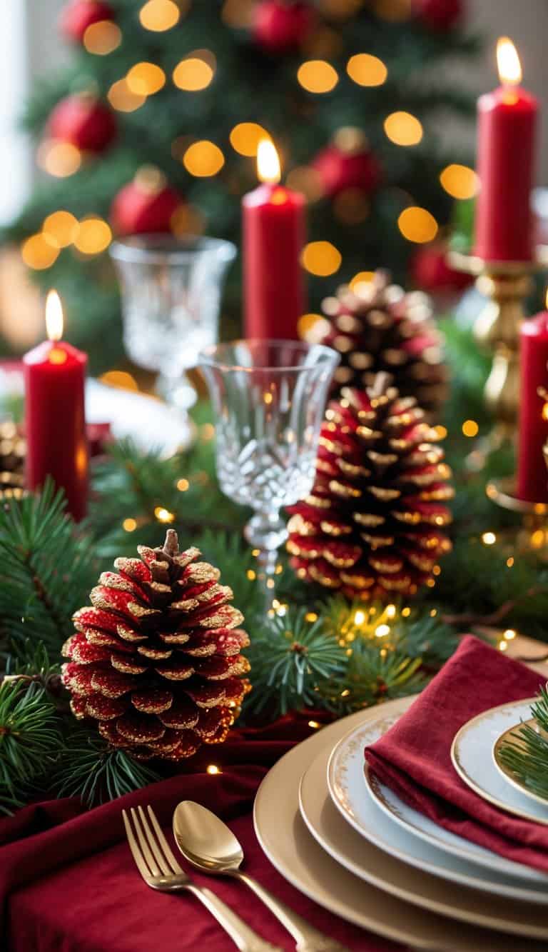 A festive dining table decorated with red and gold glittered pinecones, red candles, gold cutlery, and green pine branches.