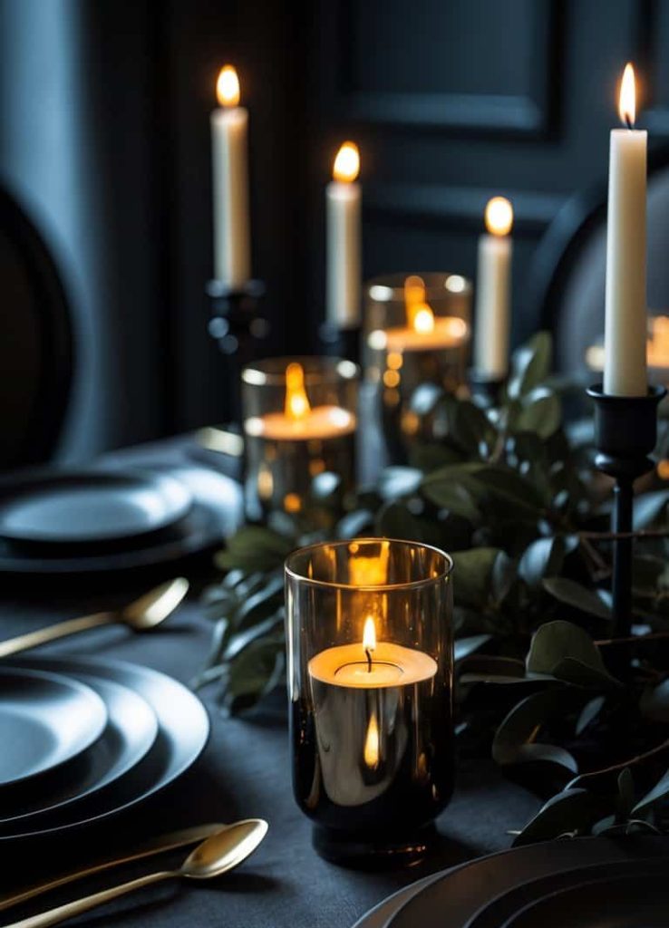 A dark, elegant dining table set with black plates, gold cutlery, and several lit candles surrounded by greenery.