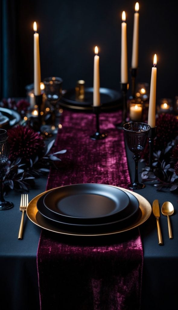 A formal table setting with black plates, gold cutlery, and a deep purple velvet table runner, surrounded by lit candles and dark floral arrangements.