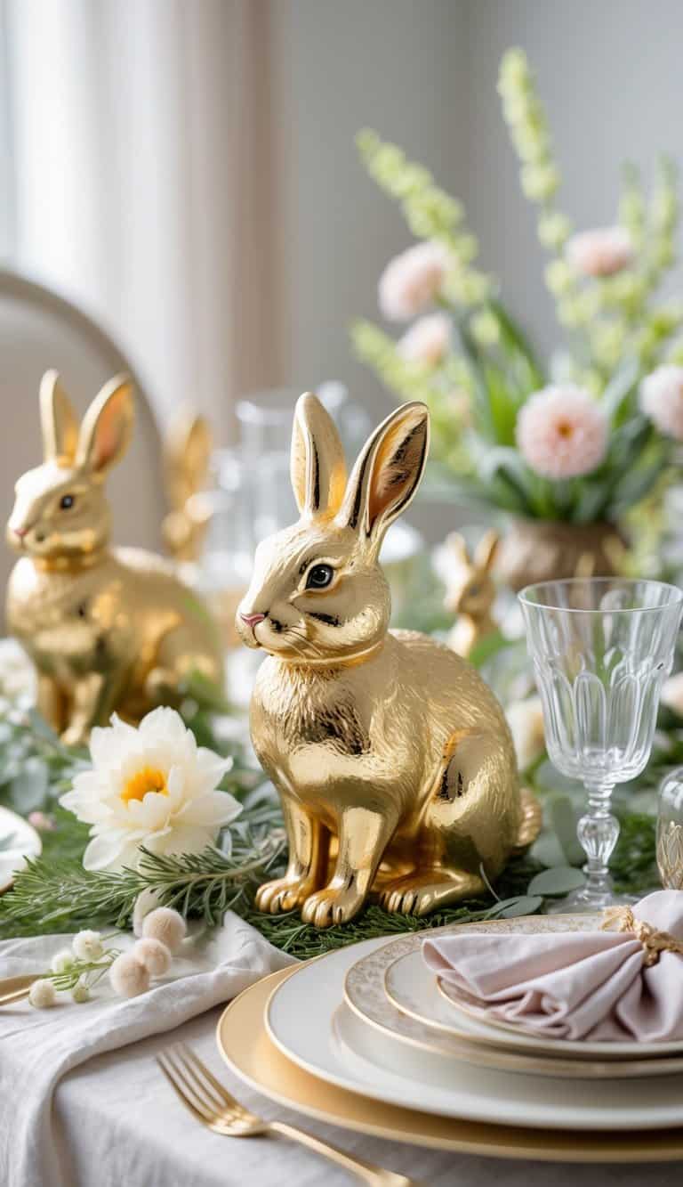 A spring table setting featuring gold rabbit ornaments surrounded by flowers, greenery, and elegant tableware.