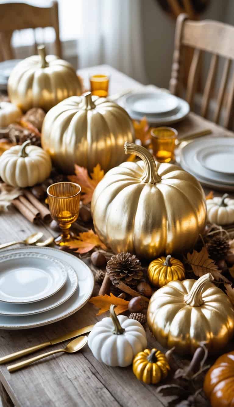 A fall table setting featuring several gold-painted pumpkins arranged with autumn leaves and tableware on a wooden table.