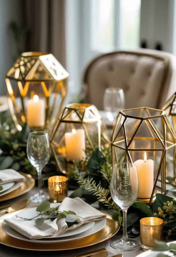Elegant table setting with gold-rimmed plates, glassware, white napkins, gold candle holders with lit candles, and green foliage as decoration.