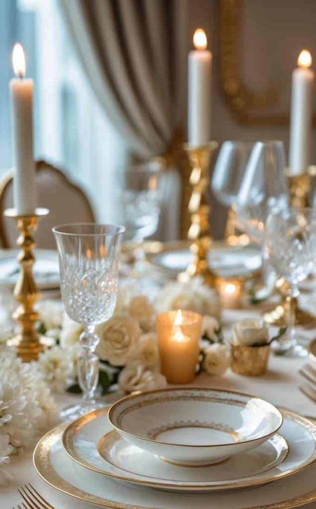 A formal dining table set with gold-rimmed plates, crystal glasses, gold cutlery, white flowers, and lit candles on a white tablecloth.