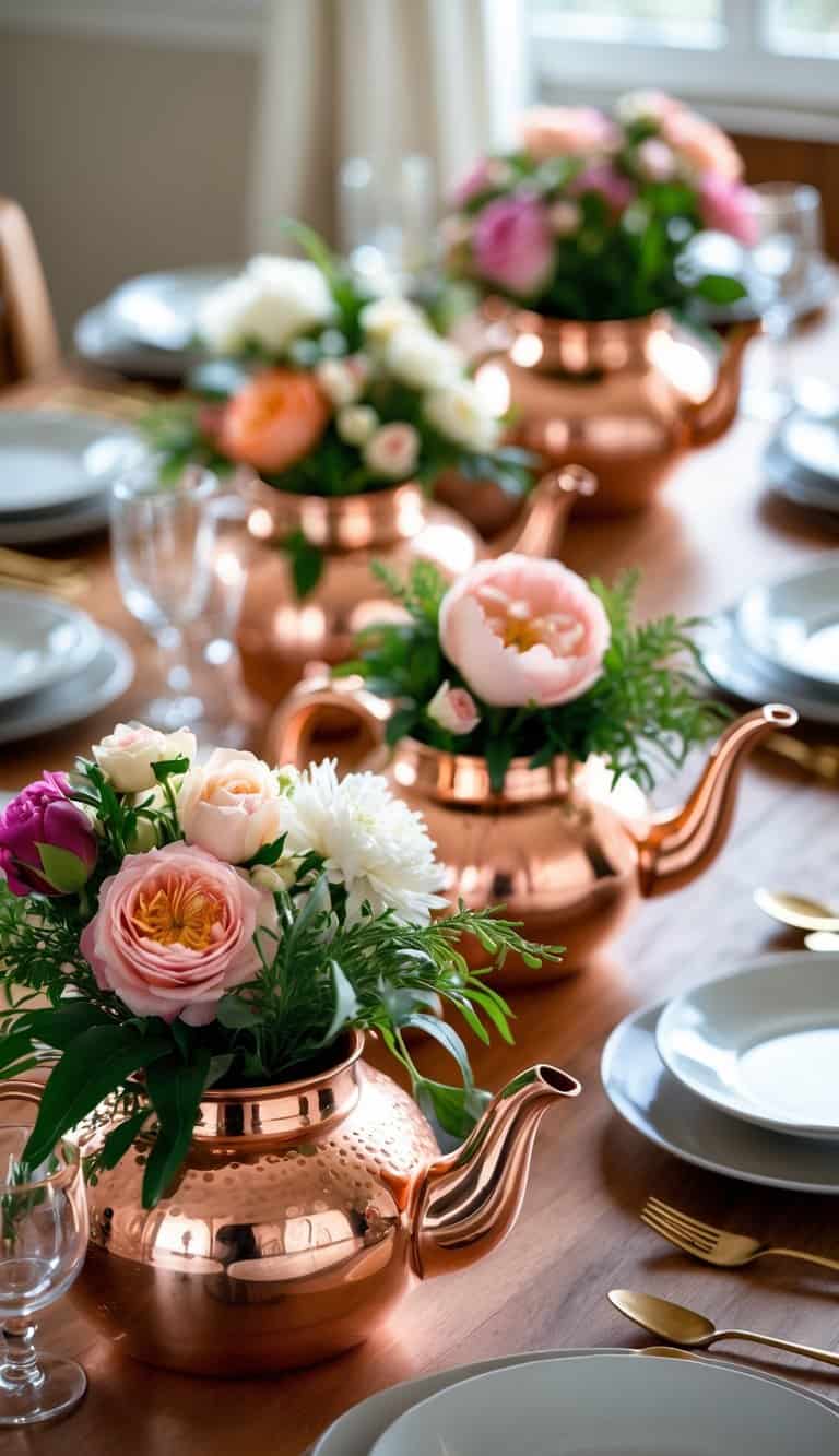 A dining table with copper teapots filled with fresh flowers used as centerpieces.
