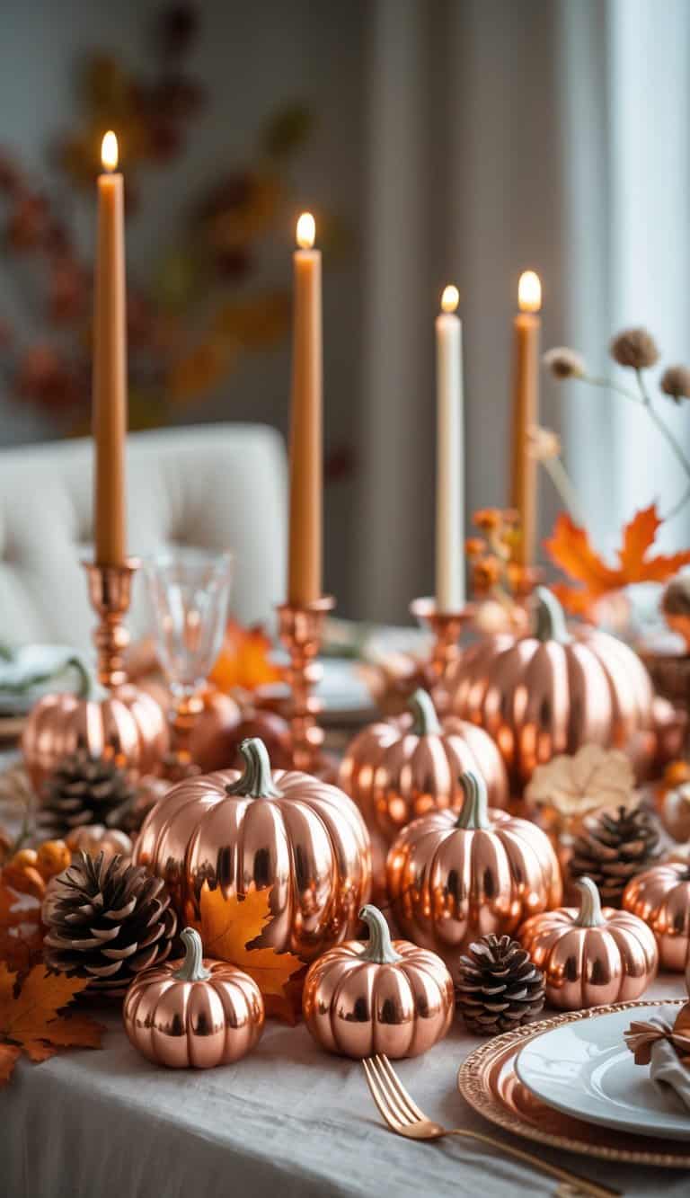 A fall dining table decorated with small copper pumpkins, autumn leaves, and candles.
