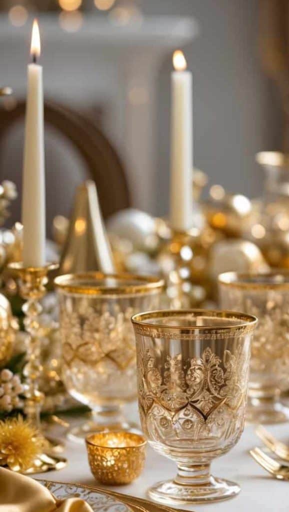 A formal dining table set with gold-accented glassware, plates, cutlery, and lit candles, arranged for an elegant occasion.