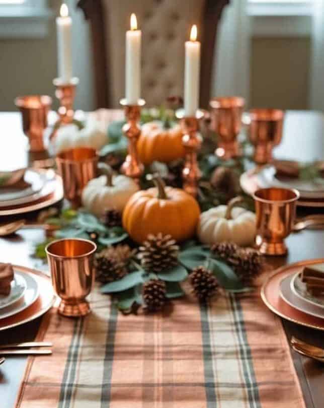 A dining table set with copper dishware, candles, pine cones, pumpkins, and greenery, featuring a plaid table runner in autumn colors.