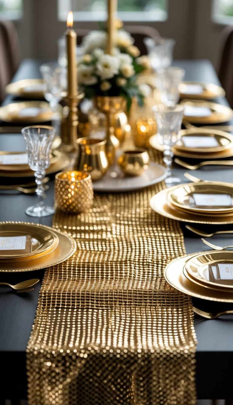 A dining table set with gold metallic mesh table runners, gold plates, cutlery, glassware, and decorative accents.