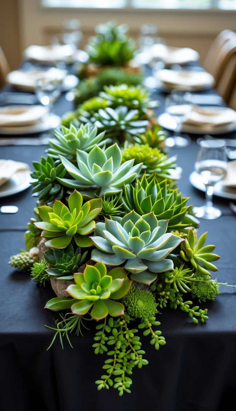 A table covered with a black tablecloth and a centerpiece of green succulent plants.