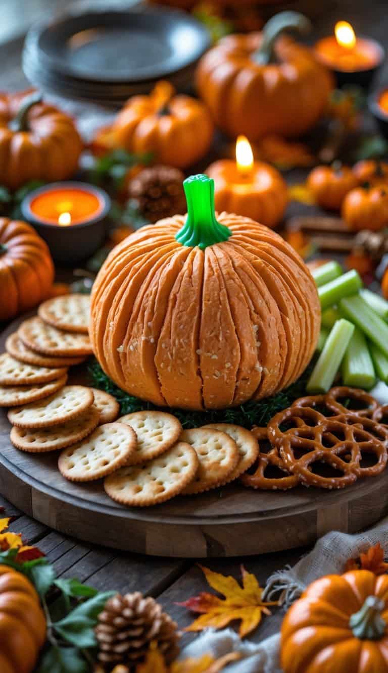 A pumpkin-shaped cheese ball centerpiece on a wooden board surrounded by crackers and vegetables on a decorated Halloween table.