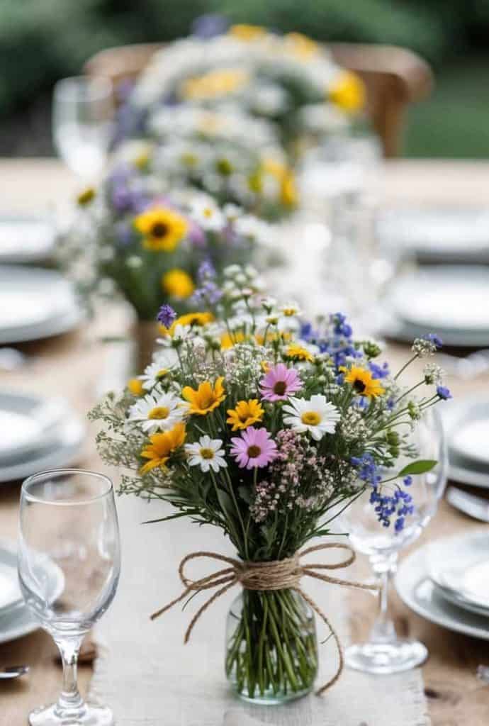 A wooden dining table set with plates, glasses, and cutlery, featuring a centerpiece of wildflowers in jars and napkins tied with twine.