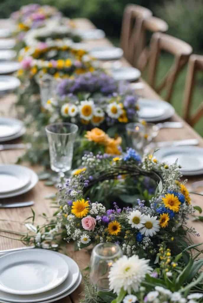 A long wooden table set with white plates, glassware, and floral wreath centerpieces featuring daisies and wildflowers in yellow, white, and purple tones.