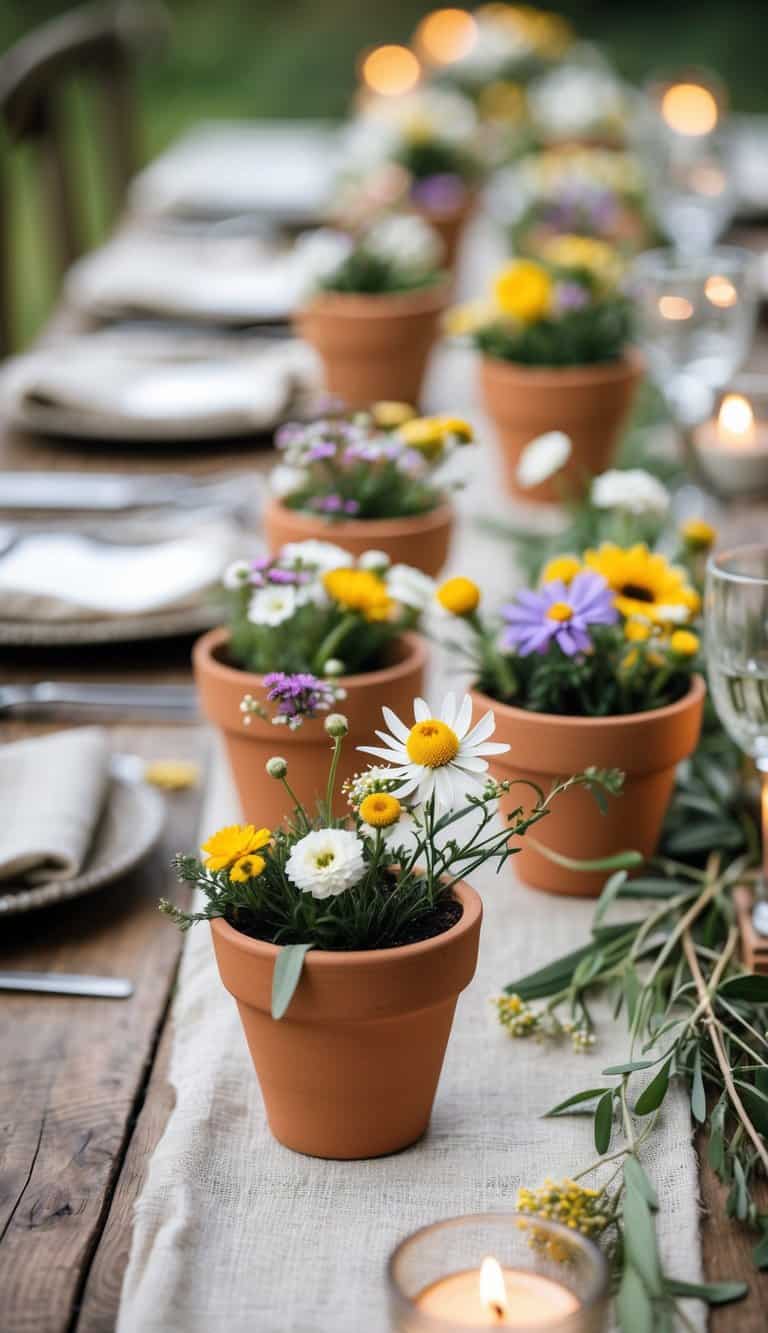 A wedding table decorated with small terracotta pots holding colorful wildflowers arranged as place card holders.