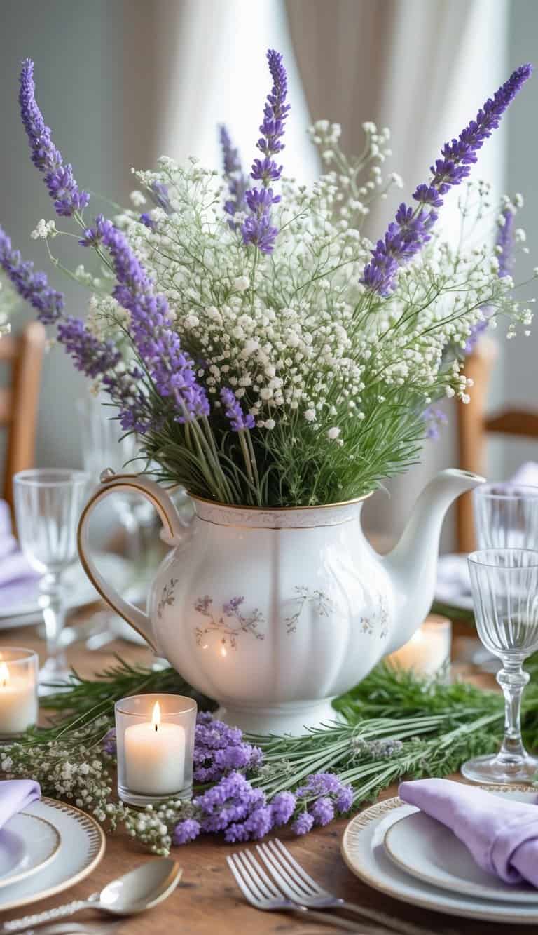 A teapot filled with fresh lavender and baby's breath flowers as a centerpiece on a bridal shower table.