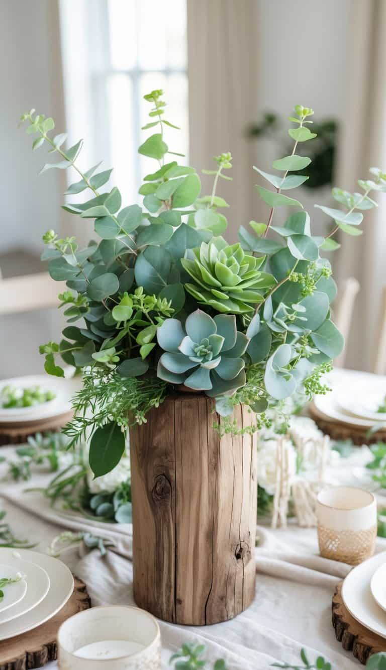 A wooden vase filled with eucalyptus and succulents placed on a decorated table set for a bridal shower.