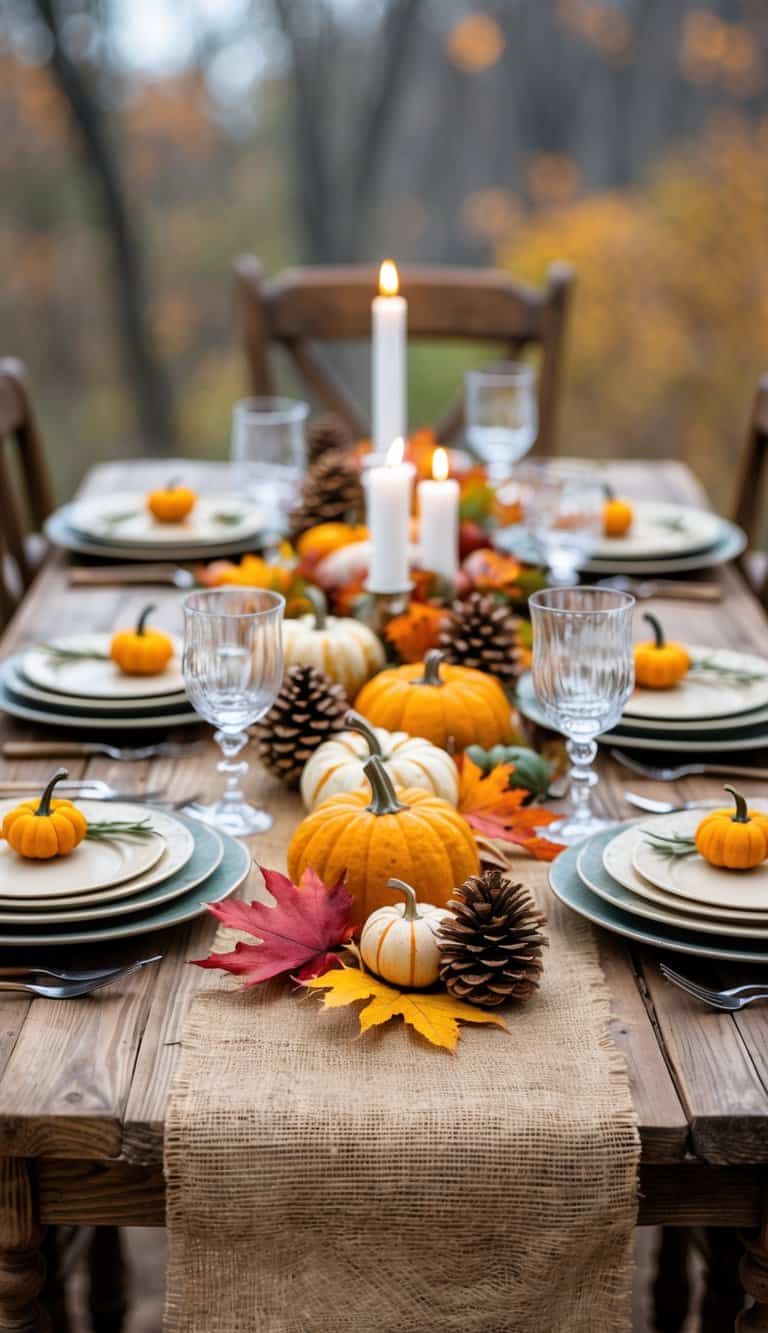 A rustic wooden table with a burlap runner decorated with pumpkins, fall leaves, candles, and tableware arranged for a harvest celebration.
