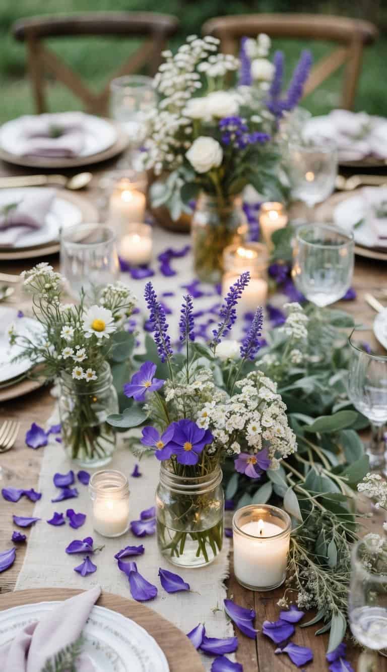 A wedding table decorated with scattered wildflower and wild violet petals, small flower bouquets, candles, and rustic tableware.