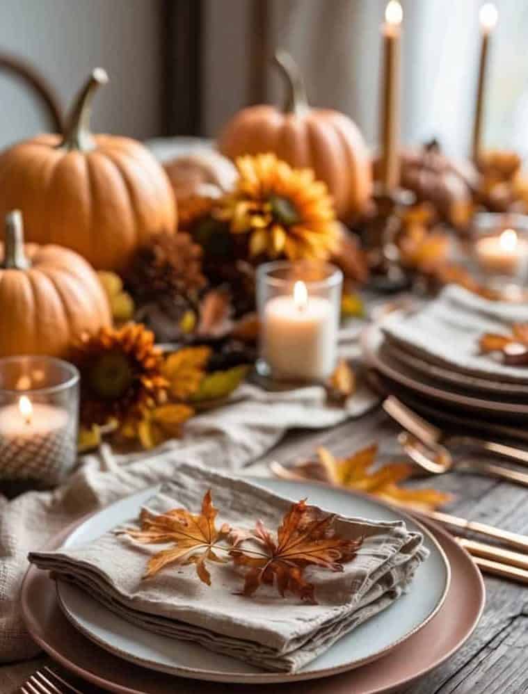 A rustic table is set with plates, silverware, napkins decorated with autumn leaves, surrounded by candles, pumpkins, and fall flowers.