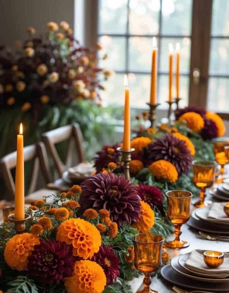 A dining table set with amber glassware, beige napkins, and an arrangement of orange and dark red flowers, with lit taper candles and a floral display in the background.