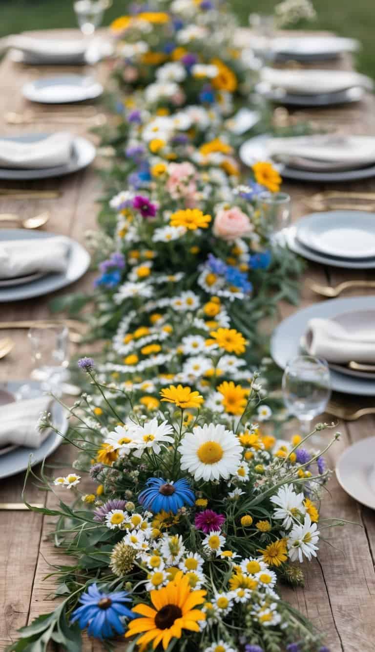 A wedding table decorated with wildflowers and daisy chains on a rustic wooden surface.
