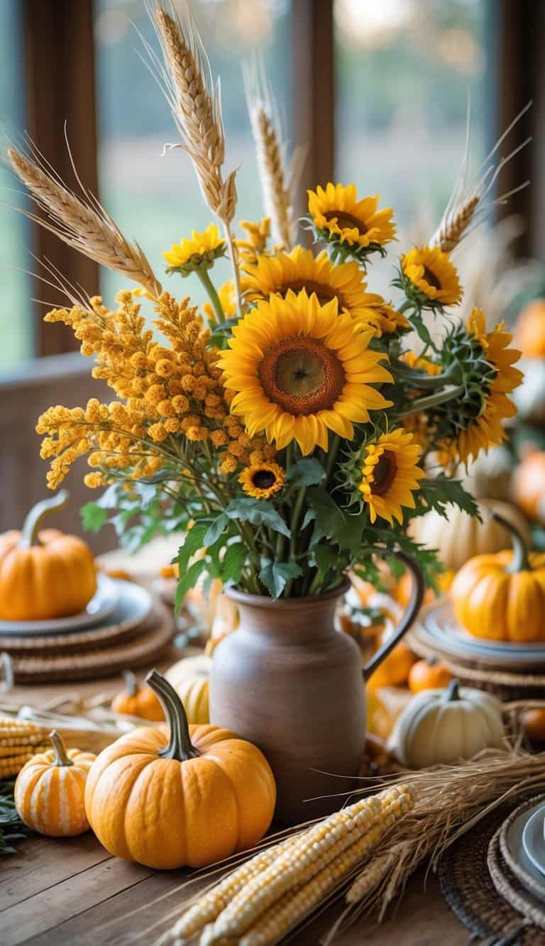A bouquet of goldenrod and sunflowers on a wooden table decorated with pumpkins and harvest items.