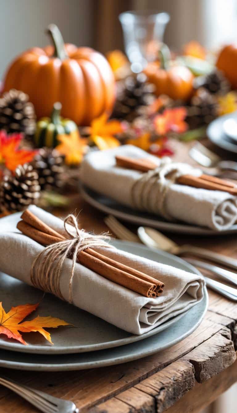 A rustic wooden table set for a fall meal with cloth napkins wrapped in cinnamon stick napkin rings and decorated with autumn leaves and small pumpkins.
