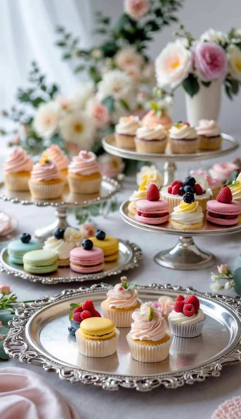 Vintage silver trays arranged with assorted desserts on a bridal shower table decorated with flowers and linens.