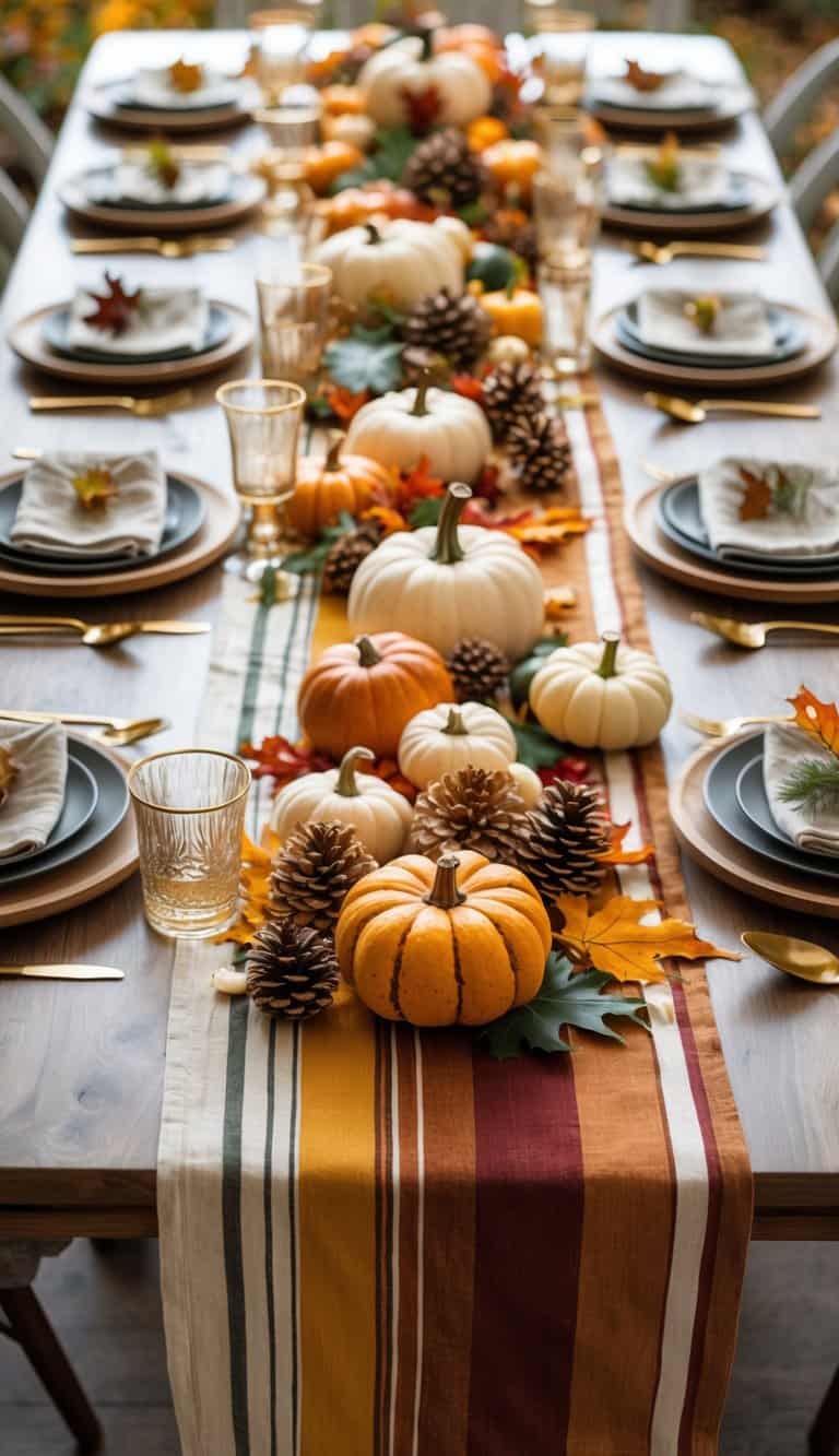 A harvest-themed table set with a striped table runner, decorated with pumpkins, autumn leaves, and rustic tableware.