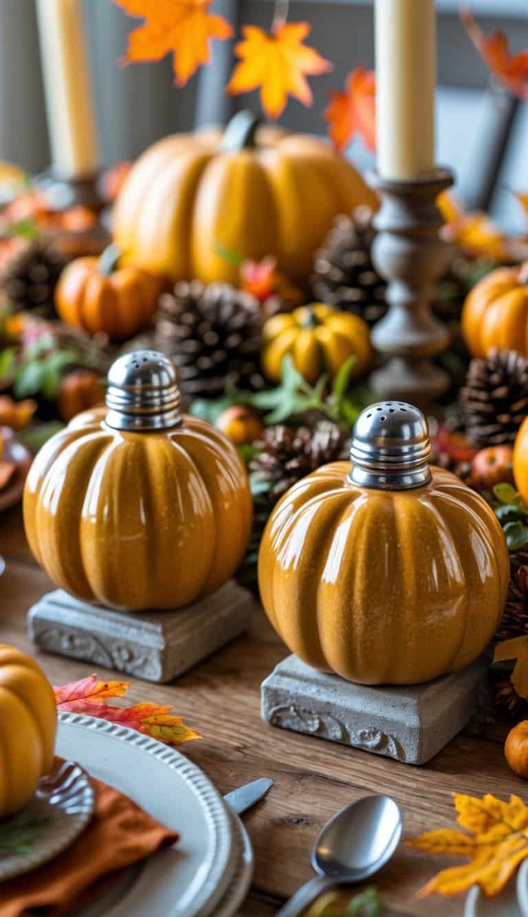 Pumpkin-shaped salt and pepper shakers on a decorated autumn harvest table with fall leaves and small gourds.