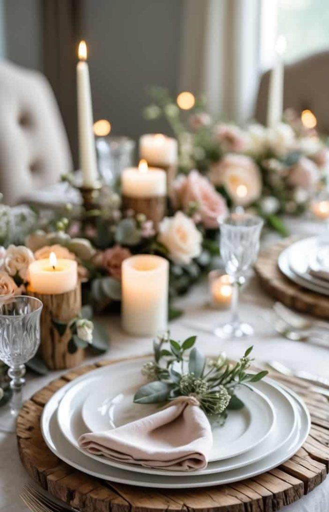 Elegant dining table set with white plates on wooden chargers, crystal glasses, silver cutlery, cloth napkins, candles, and floral centerpieces.