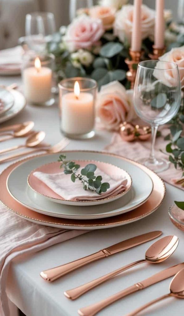 Elegant table setting with rose gold cutlery, white plates, pink napkins with greenery, lit candles, and a floral centerpiece featuring roses.