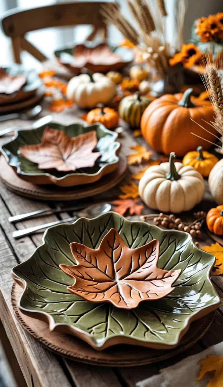 A wooden table set with handmade clay leaf-shaped dishes surrounded by pumpkins, gourds, dried wheat, and autumn leaves.