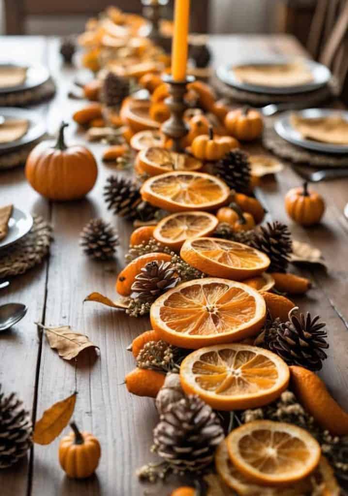 A wooden table set for a meal features a centerpiece of dried orange slices, pinecones, mini pumpkins, and a tall yellow candle, creating an autumn-themed decoration.