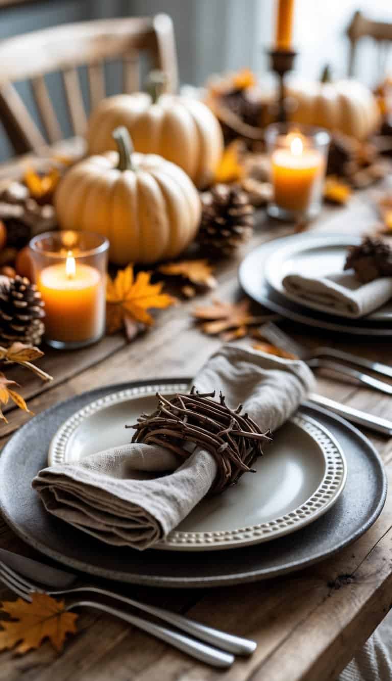 A wooden dining table set for a fall meal with linen napkins held by twig napkin rings, surrounded by pumpkins, dried leaves, and candles.
