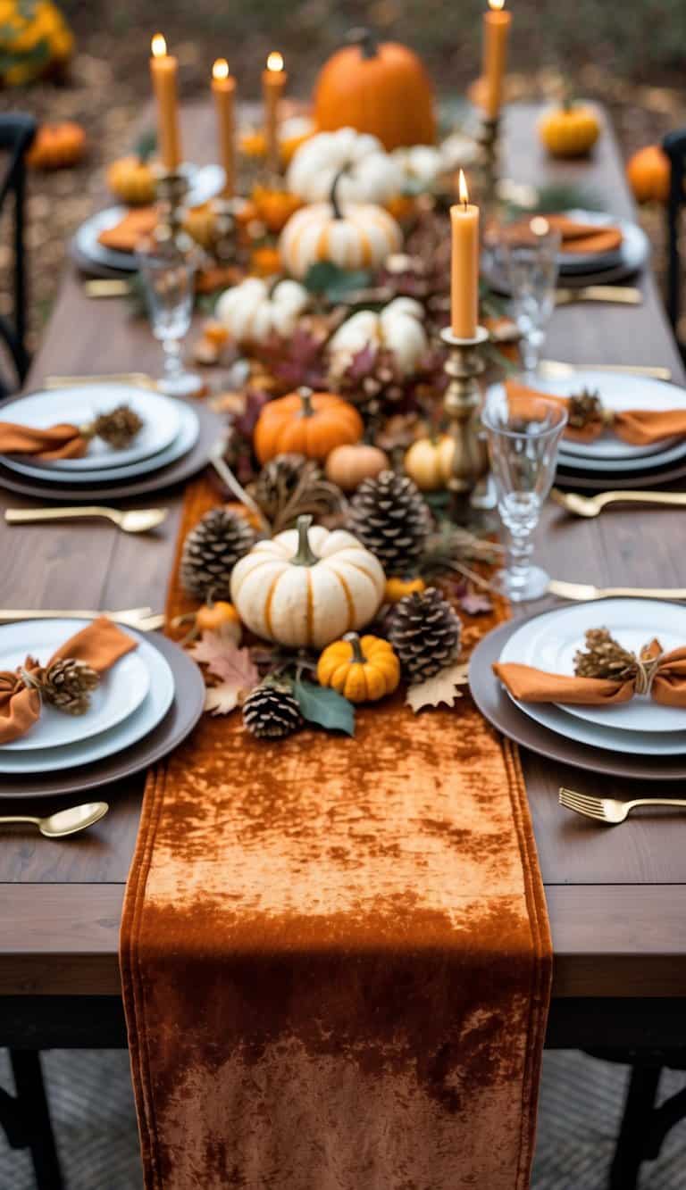 A harvest table set with a burnt orange velvet table runner, decorated with pumpkins, candles, and autumn leaves.