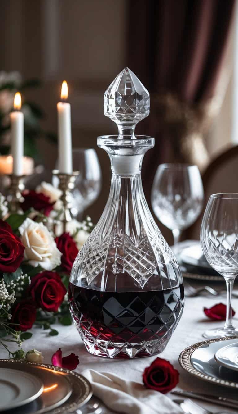 A classic crystal decanter filled with red wine on a romantic table set with candles, flowers, and elegant dinnerware.